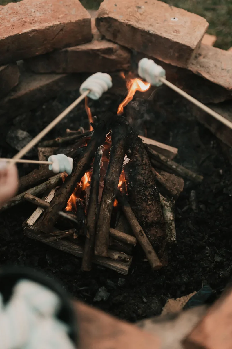 A cozy outdoor campfire with marshmallows roasting on sticks, ideal for family gatherings