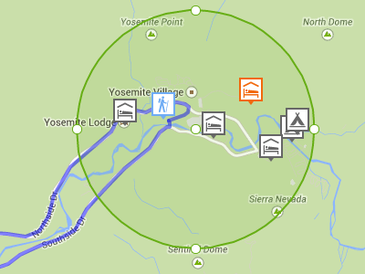 Campground search interface showing available camping options along a route