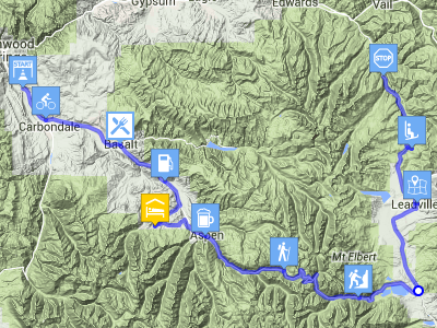 Road trip route map showing multiple camping destinations and driving segments