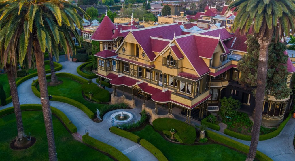Aerial view of Winchester Mystery House Victorian mansion in San Jose California