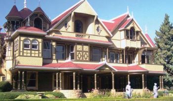 Winchester Mystery House exterior showing Victorian architecture and multiple roof levels