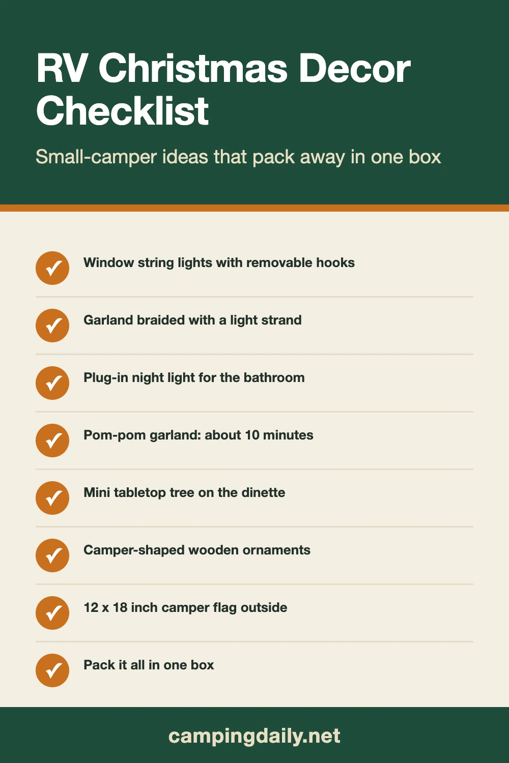 Checklist graphic: RV Christmas Decor Checklist. Window string lights with removable hooks; Garland braided with a light strand; Plug-in night light for the bathroom; Pom-pom garland: about 10 minutes